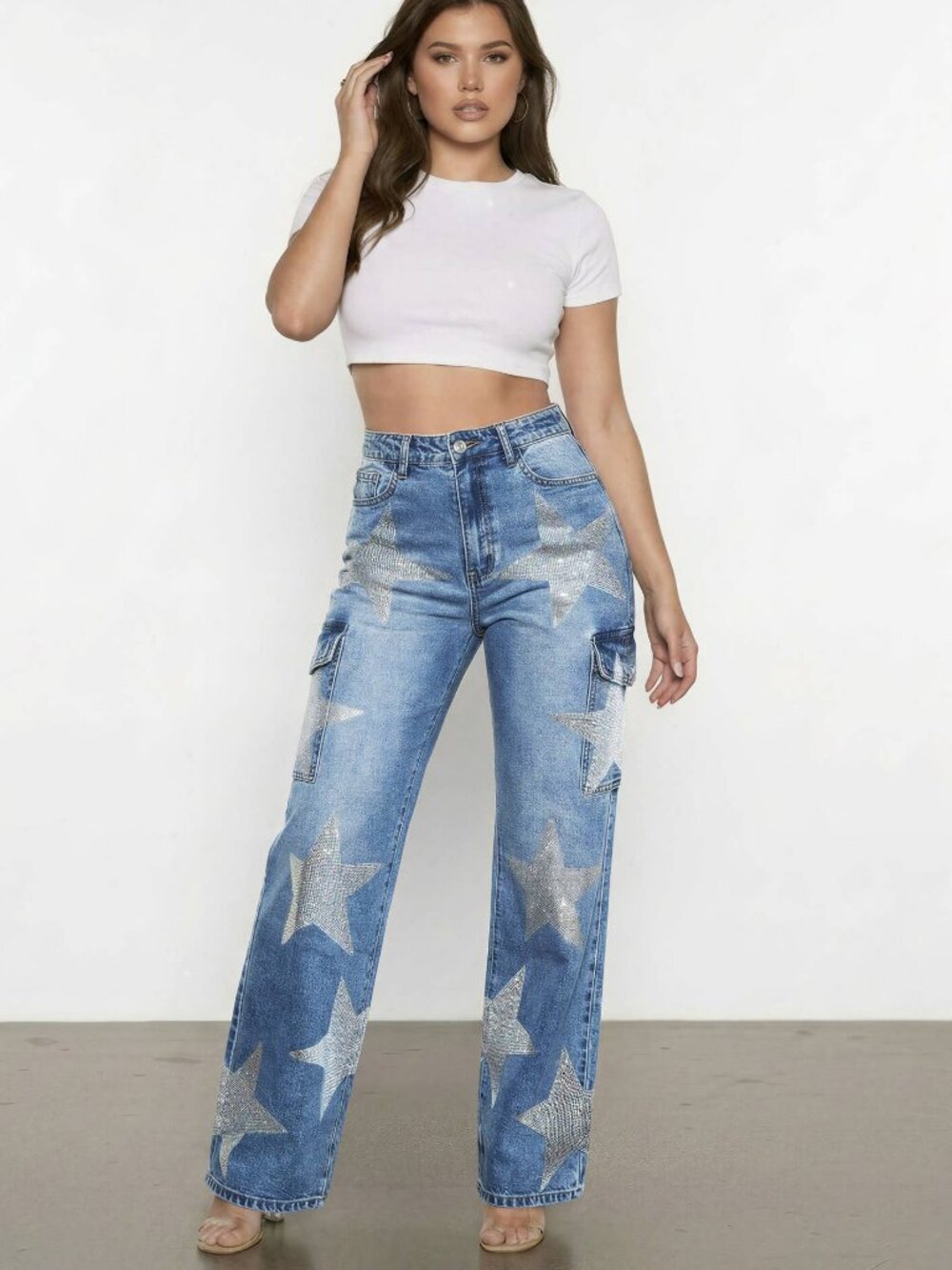 NWT Vibrant M.i.U. Stars Born Rhinestone Stars Cargo Jeans